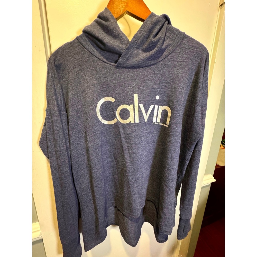 Calvin Klein Jeans Blue Heathered Logo Hoodie Sweatshirt Large Thumbholes